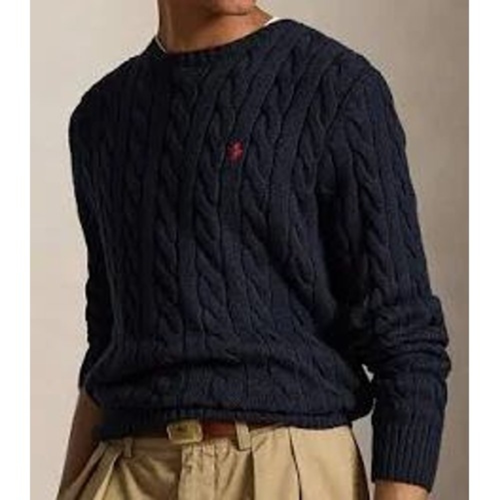 Polo Ralph Lauren Men 3LT Navy Blue Cable Knit Cotton Crewneck Sweater NWT